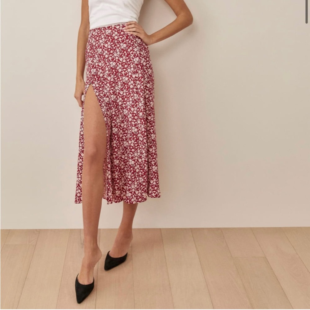 Reformation Red Floral Midi Skirt